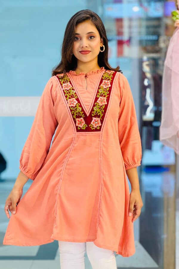 peach pink jacquard cotton he kurti