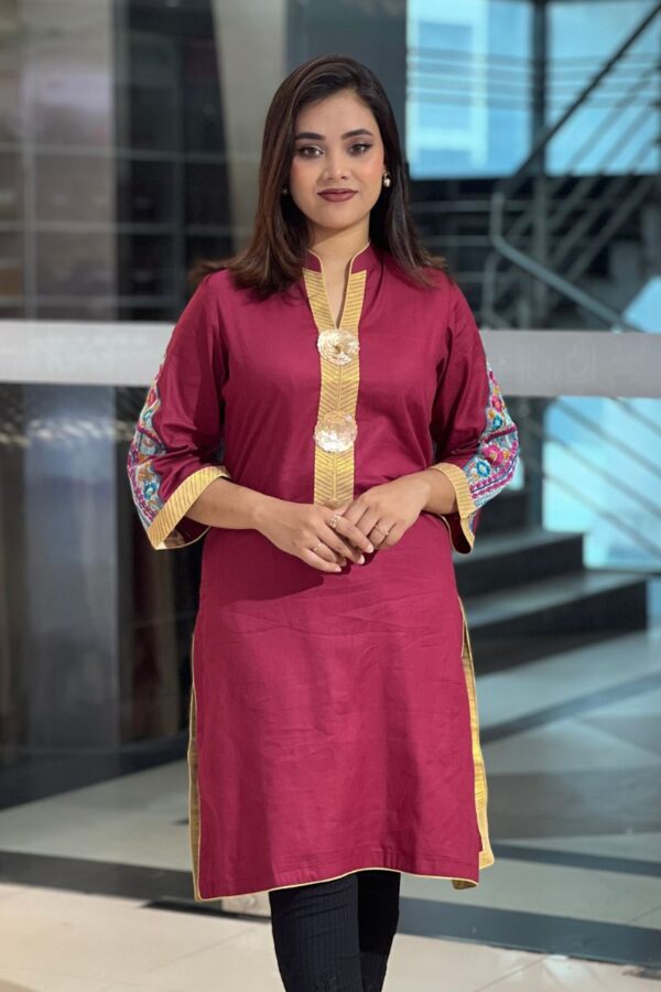 rumba red jacquard cotton me kurti