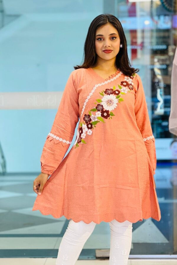 papaya punch colour jacquard fabric with he kurti