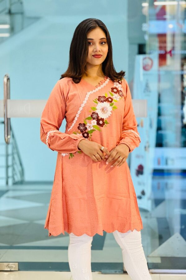 papaya punch colour jacquard fabric with he kurti