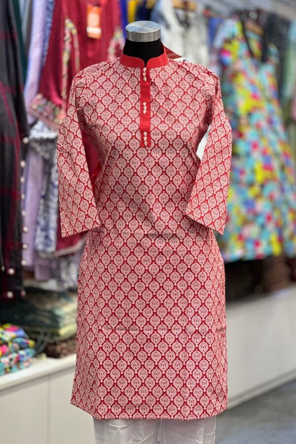 red multi poplin screen printed kurti