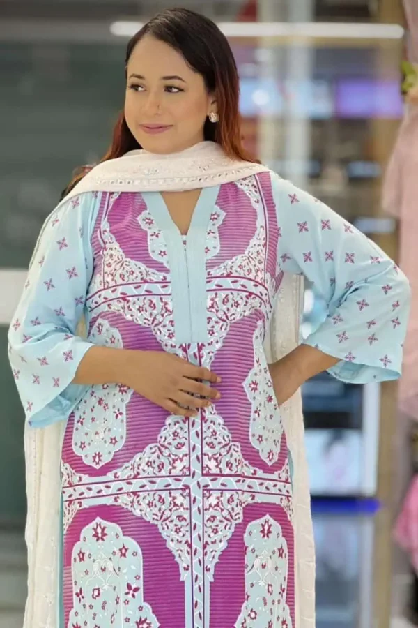 sky blue viscose screen printed single kameez