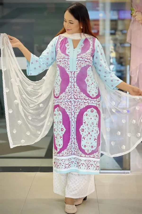 sky blue viscose screen printed single kameez