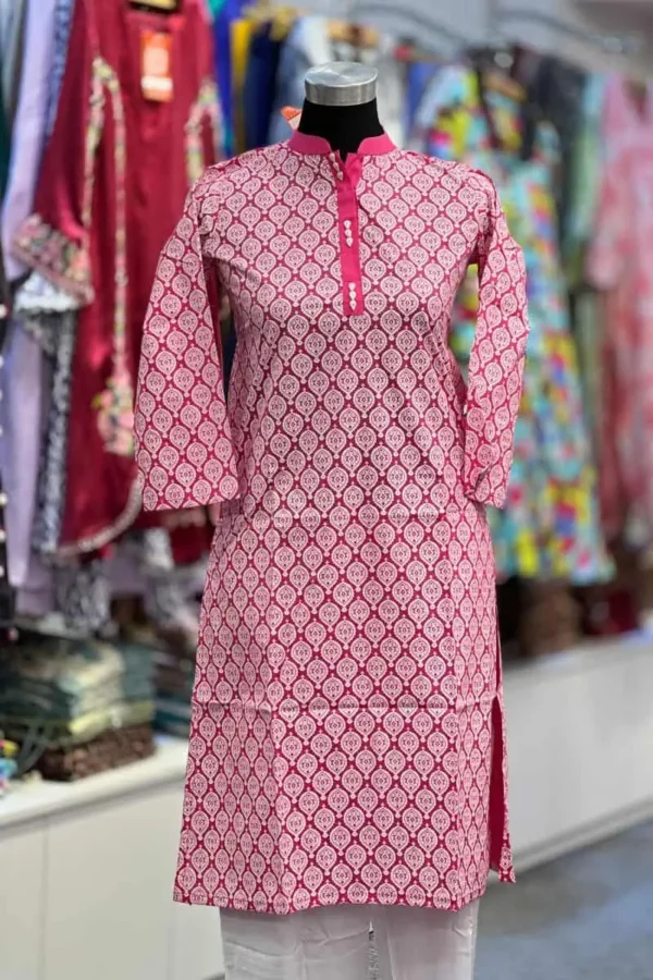 pink multi poplin screen printed kurti