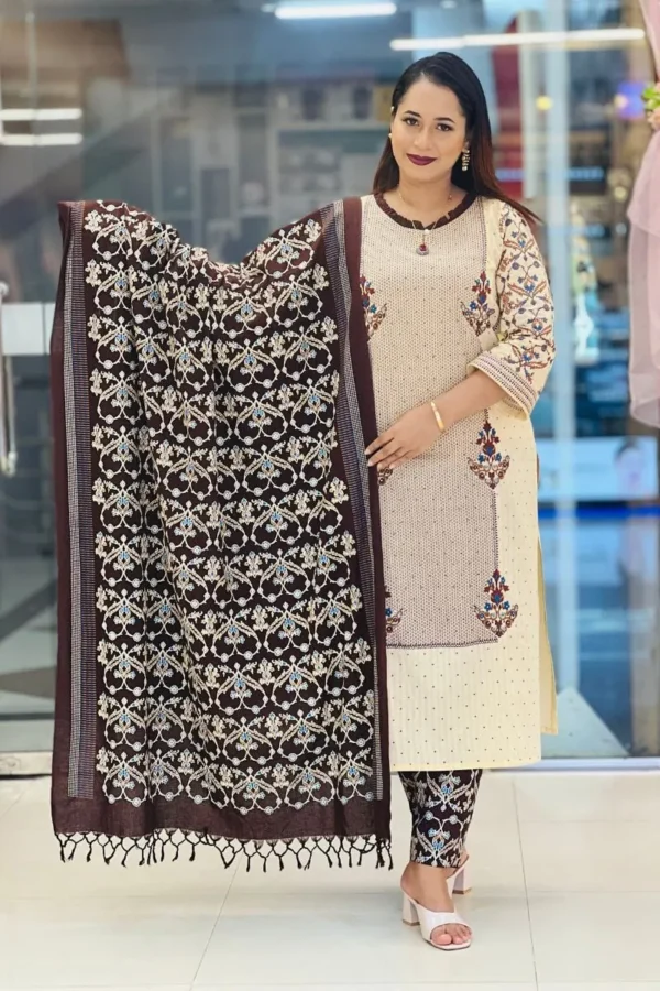 cream color jacquard cotton screen printed with embroidered shalwar suit