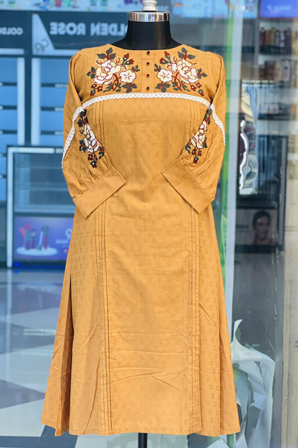 Pumpkin Spice Cotton Jacquard Hand Embroidery Kurti | DressUp