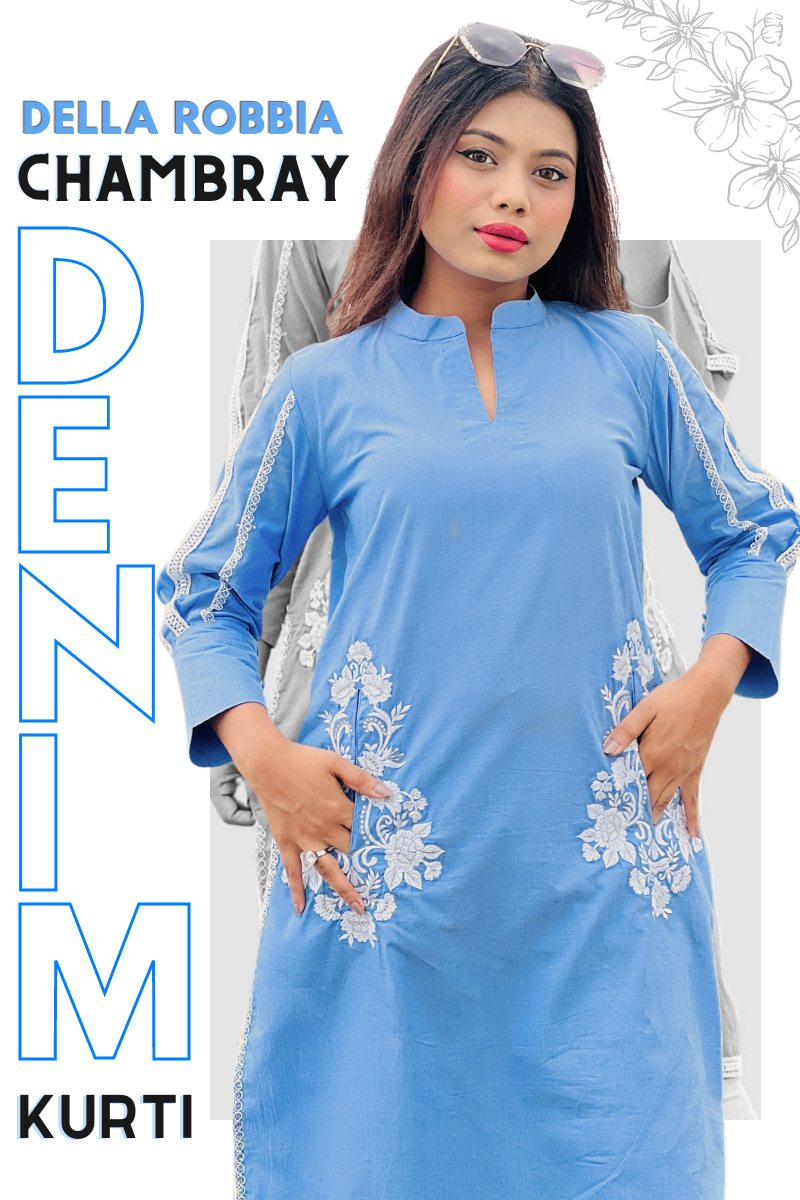 Buy Plain Denim Party Wear Kurti in Blue Online : UAE -